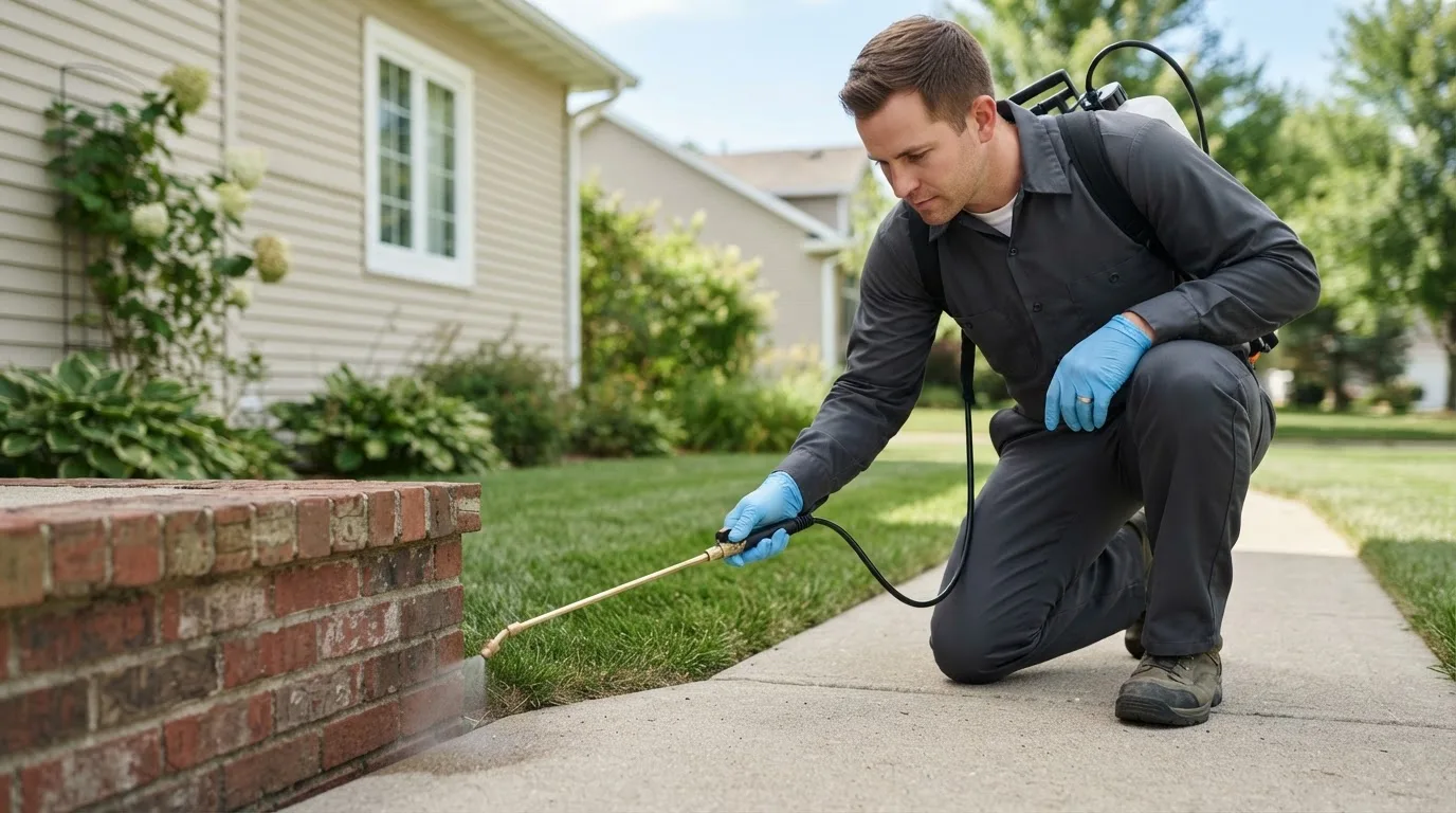 Pest control technician treating a home near Blairstown, IA