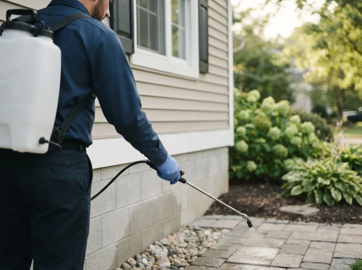 Pest control technician inspecting a home in Blairstown, IA